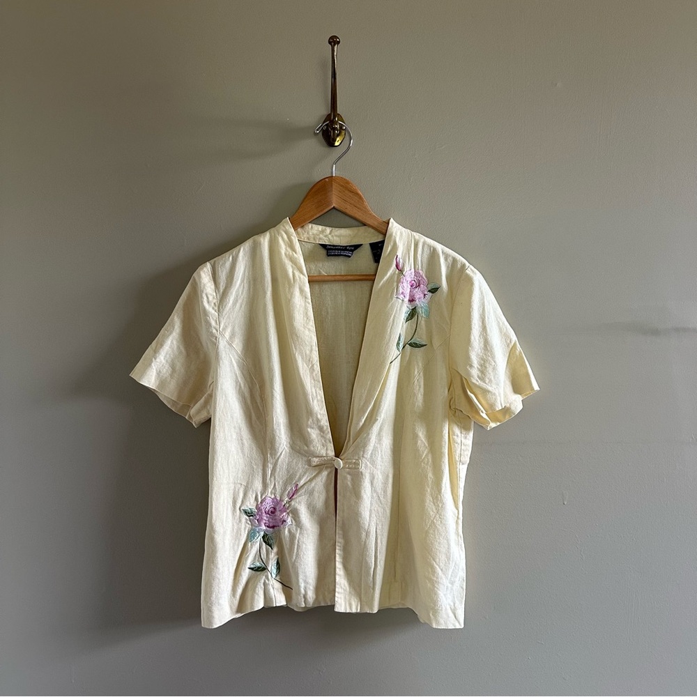 St. John's Bay Cream Floral Tie-Front Short Sleeve Top